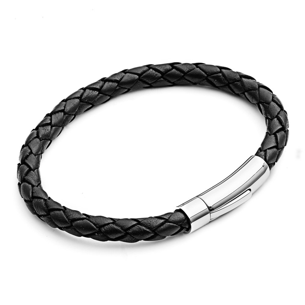 Tribal Steel Black Plaited Leather Bracelet for Men - Mens 23cm Leather Bracelet with Riveted Stainless Steel Rocker Clasp