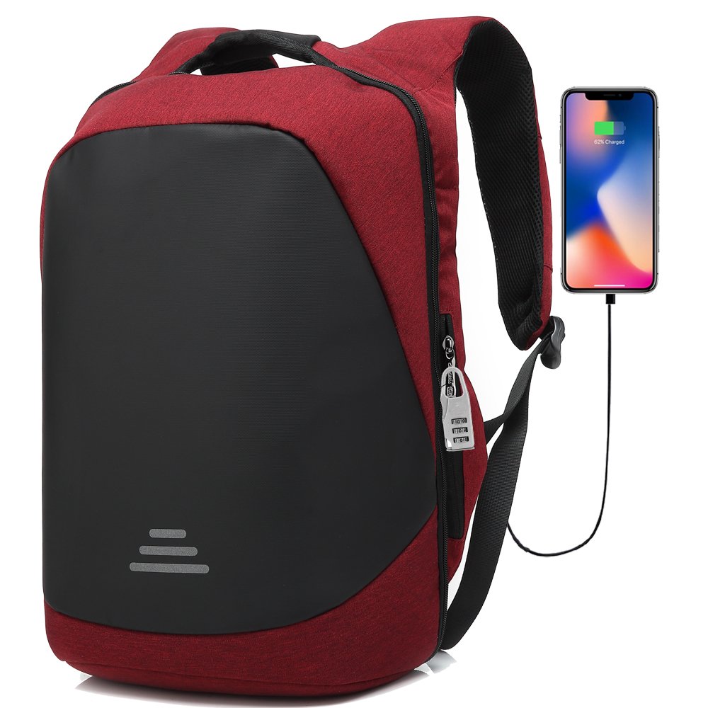 Anti-theft Backpack With USB Charge Port, Water Resistant Laptop Backpack, Lightweight Travel Bag for Business Office Men Women Students Computer Bag for 14 15 15.6 Inch Laptop Macbook â€“ Black (Red)