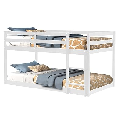 Buy Low Bunk Beds Twin Over Twin Wood Twin Bunk Bed Frame With Safety Rail Ladder For Kids Bedroom White Loft Bed For Boys Girls Toddlers Online In Indonesia B093767n98