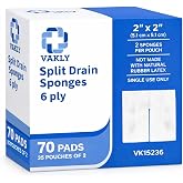 Vakly Sterile Split Drain Sponge Gauze 2x2, 6 Ply, Non-Woven, 70 Count | Pre-cut slit for I.V. lines, tracheostomy and drains, highly absorbent 6-ply design, individually sterile, ready to use
