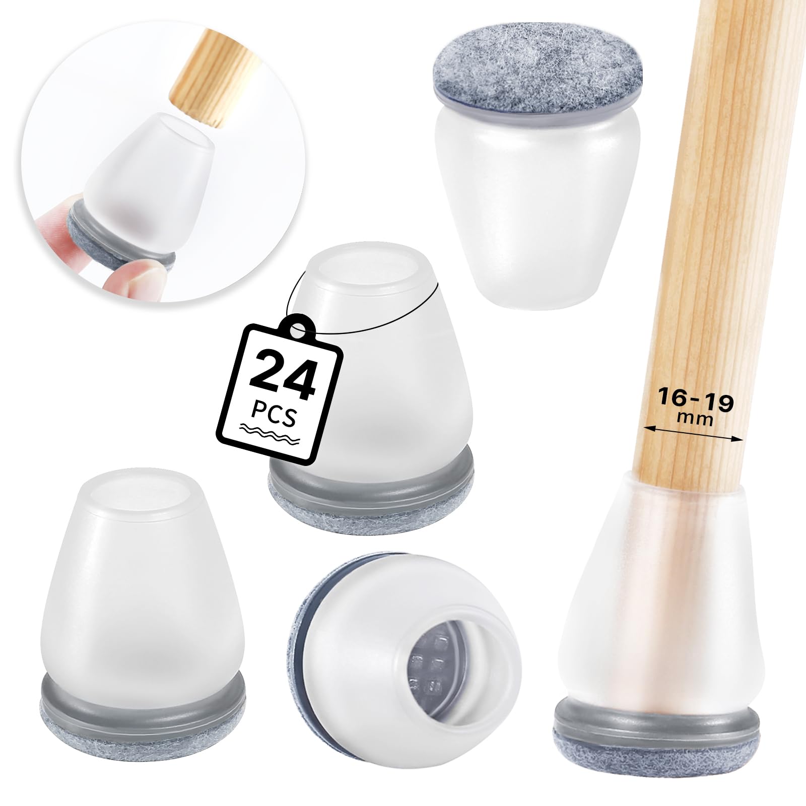 RCHYFEED Chair Leg Floor Protectors, 24Pcs Transparent Chair Feet Cover with Wrapped Felt, Chair Leg Protectors for Hardwood Floors, Furniture Feet Protectors Pads (Fit:16-19mm)