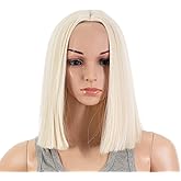SWACC 12 Inch Short Length Straight Middle Part Hair Wig Synthetic Heat Resistant Wigs for Women with Wig Cap (Platinum Blonde)