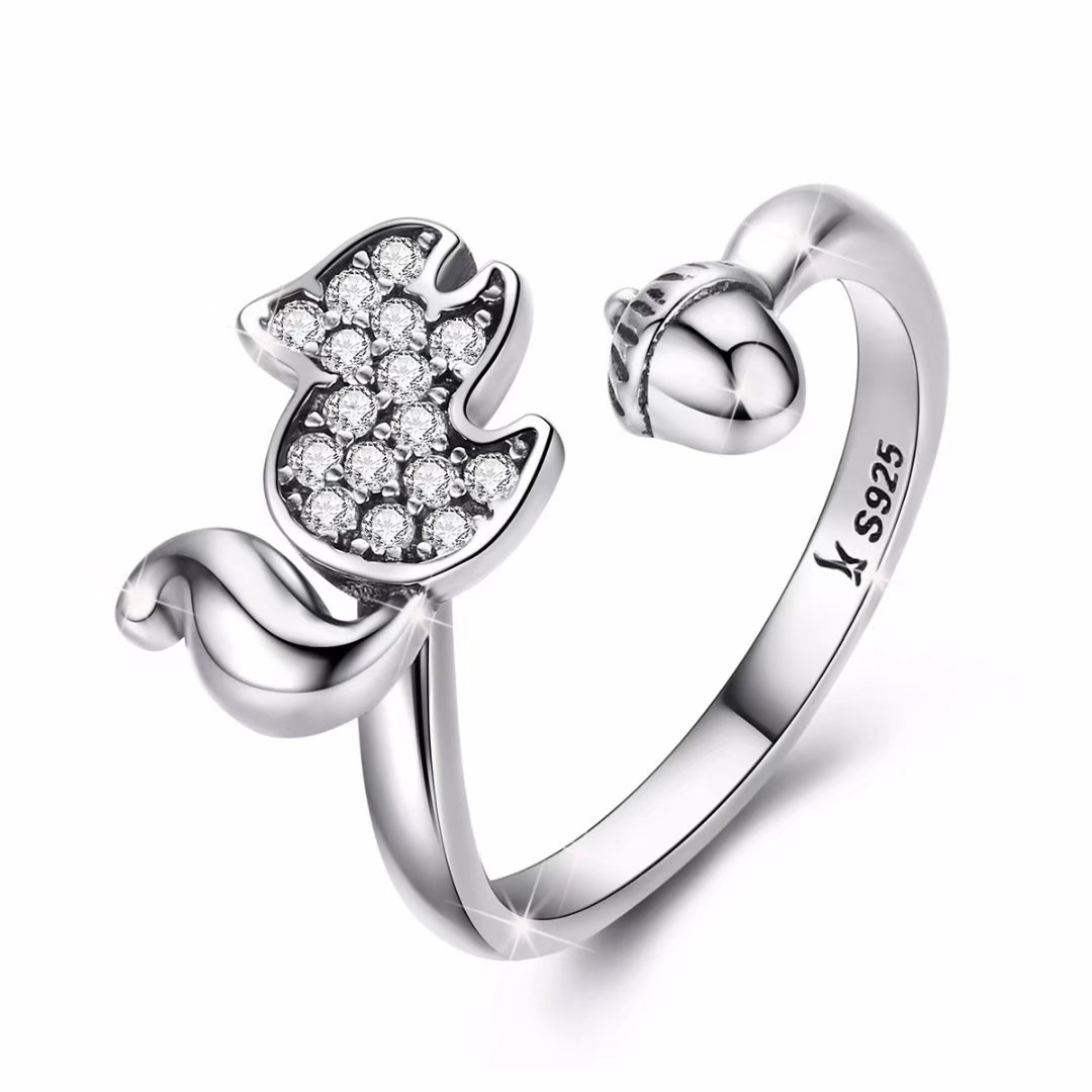 925 Sterling Silver Squirrel and Acorn Wedding Stackable Ring Gift for Women Teen Girls