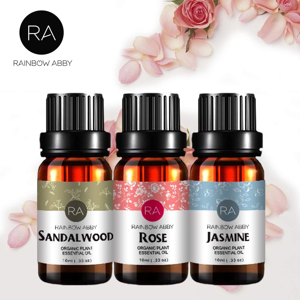 Rose Sandalwood Jasmine Essential Oil Set for Diffuser/Skin Care, 100% Aromatherapy Pure Plant Oils 3x10mL