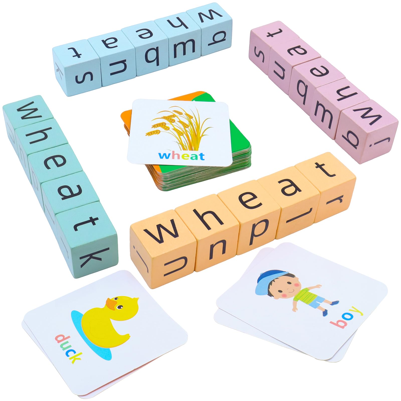 Humerry Word Spelling Game, Matching Letter Game for Kids, 20 Wooden Alphabet Blocks with 54 Flashcards, Preschool Learning Activities Toys, Montessori Educational Toys Gifts for Kids Ages 3-8