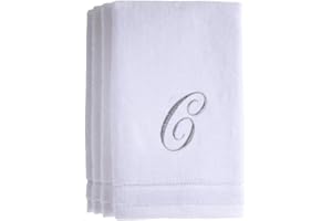 CREATIVE SCENTS Monogrammed Towels Fingertip, Personalized Gift, 11 x 18 Inches - Set of 4- Silver Embroidered Towel - Extra Absorbent 100% Cotton- Soft Velour Finish - For Bathroom/ Kitchen/ Spa- Initial C (White)