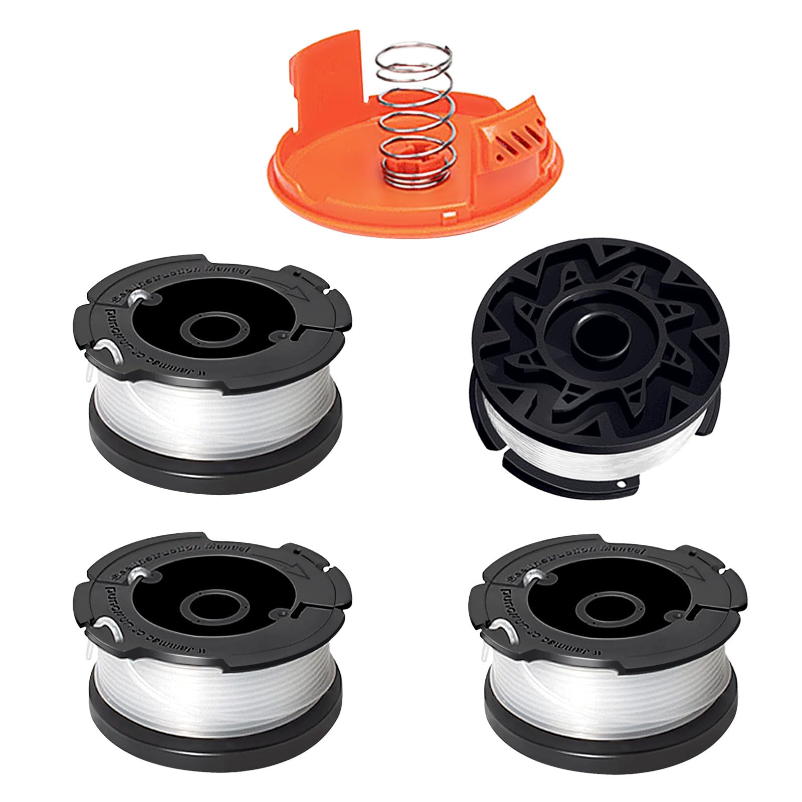 JAMSSOW 4 Pcs Strimmer Spool Compatible with Black+Decker A6481 A6485 AF-100-3ZP,Autofeed Nylon Spool for ST5530-GB GLC3630L20-GB STC1820PC-GB BESTA530-GB BESTA525-GB(4 Spool+1 Cover+1 Spring)