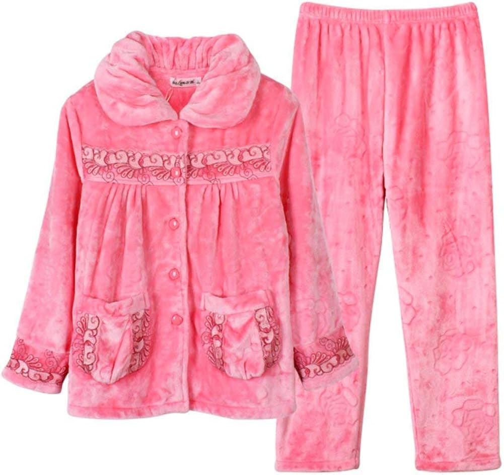 Ladies Coral Fleece Pajama Thicken Set Winter Warm Vintage Homewear