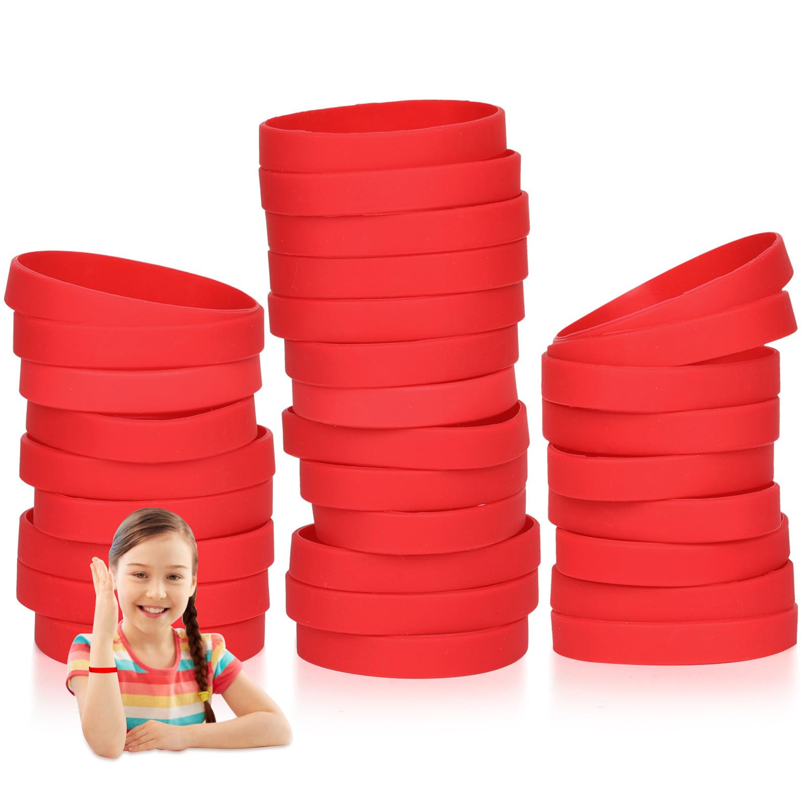 THXIY 100PCS Silicone Wristbands for Kids Teens, 7'' Sports Wholesale Rubber Bracelets for Events, Party Teacher Supplies Boys Gilrs Education Activities Red