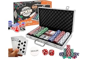 Tradeopia 300-Piece Poker Chip Set with Aluminum Case, Classic Poker Set Includes Dealer Button, 2 Decks of Playing Cards & 5