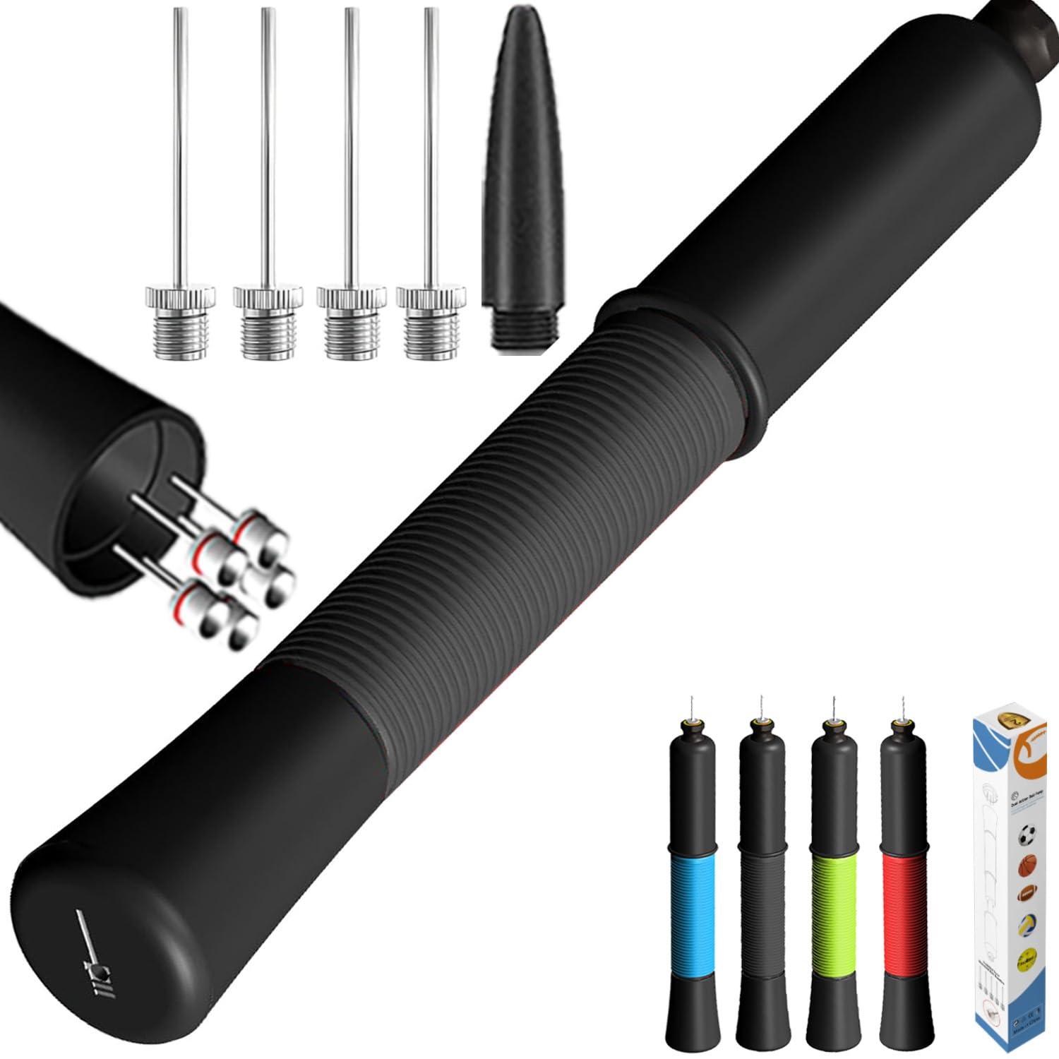 Ball Pump with Needle Storage(Never Lose Pin) Football Pump with 5 Needles and Extendable Cable, Soccer Football Pumps, Volleyball Pump Rugby Ball Inflator - Great for All Balls - 1 Pack