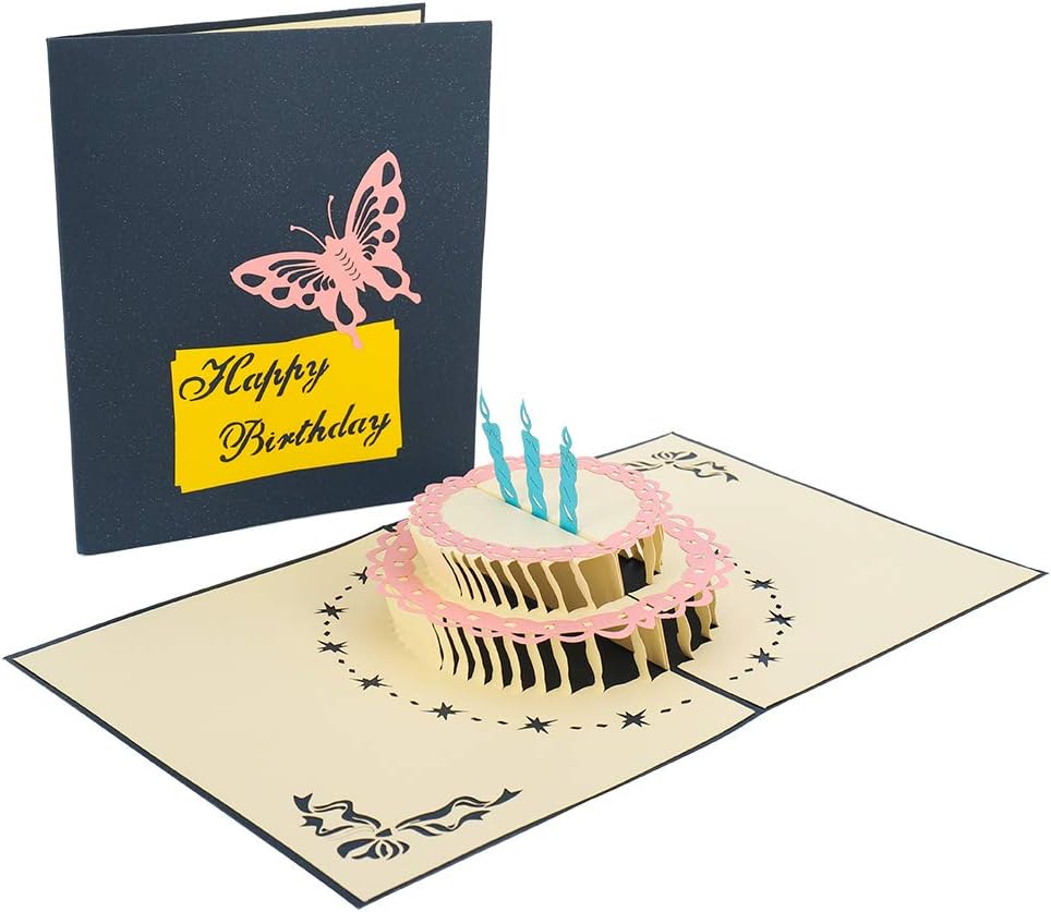 FANCYLEO EU 3D Pop Up Happy Birthday Card, Handmade pop-up Folded Card with 3 Layers Cake, Greeting Card with Envelope for her, mom, Kids (Blue)