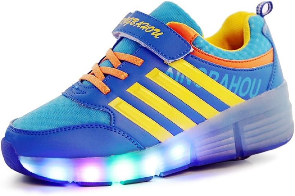 KISCHERS LED Light Up Shoes With wheels On The Bottom Single Roller Wheel Skates Retractable Shoe Sneakers For Kids Boys Girls (6 M US Big Kid, Blue)