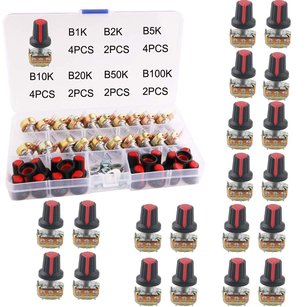 RUNCCI-YUN 20Pcs Linear Taper Rotary Potentiometer, 3 Terminal Single Linear Potentiometer B1K B2K B5K B10K B20K B50K B100K Ohm WH148 3Pin 15mm Shaft with Nut and Washer