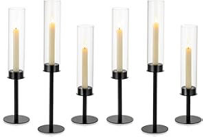 NUPTIO Hurricane Glass Candle Holders: 6 Pcs Black Metal Candlestick Tapered Holder with Clear Chimney Covers Bottomless Tall Modern Taper Candles Stick Cylinder Stand for Halloween Fireplace Decor