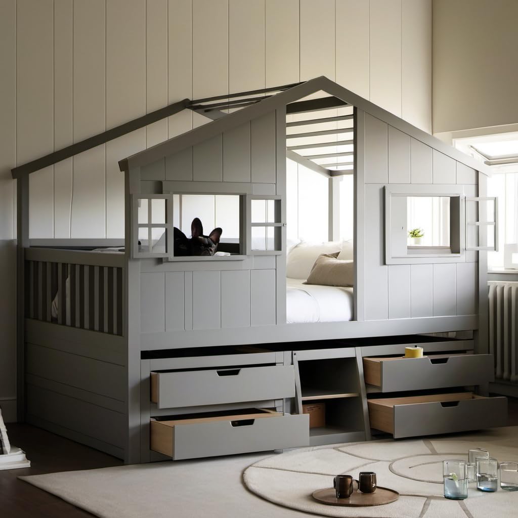 Photo 1 of ***partial set, box 1 of 2 only
PVWIIK Full Size Loft Bed with Storage Drawers & Roof,Kids House Bed Frame with Windows & Safety Guardrails for Kids,Girls,Boys,Grey