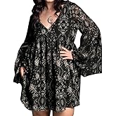 CORAMOON Women&lsquo;s Plus Size Black Celestial Moon Gothic V-Neck Long Puff Sleeves Mini Dress