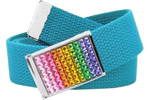 Build A Belt Girl's 1.25" Wide Rainbow Rhinestone Flip Top Belt Buckle with Canvas Web Belt, Teal Blue, L 12-14