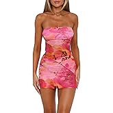 Goafuliy Two Piece Skirt Set for Women Summer Asymmetrical Mesh Strapless Tube Tops Mini Skirt Set Going Out Outfits