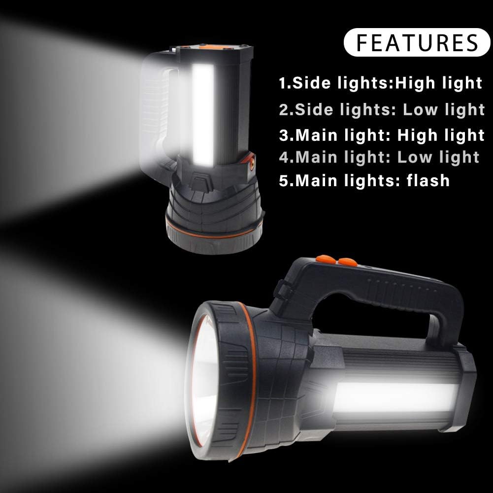 Eornmor Super Bright High Power Portable Handheld Led Spotlight 6000 Lumen Waterproof Large Flashlight Rechargeable High Lumen LED Searchlight Torch Floodlight (Black) - - 
