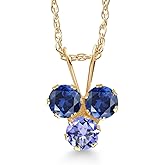 Gem Stone King 14K Yellow Gold Blue Created Sapphire and Blue Tanzanite 3-Stone Pendant Necklace For Women (0.43 Cttw, Gemstone September Birthstone, Round 3MM, 18 Inch Chain)