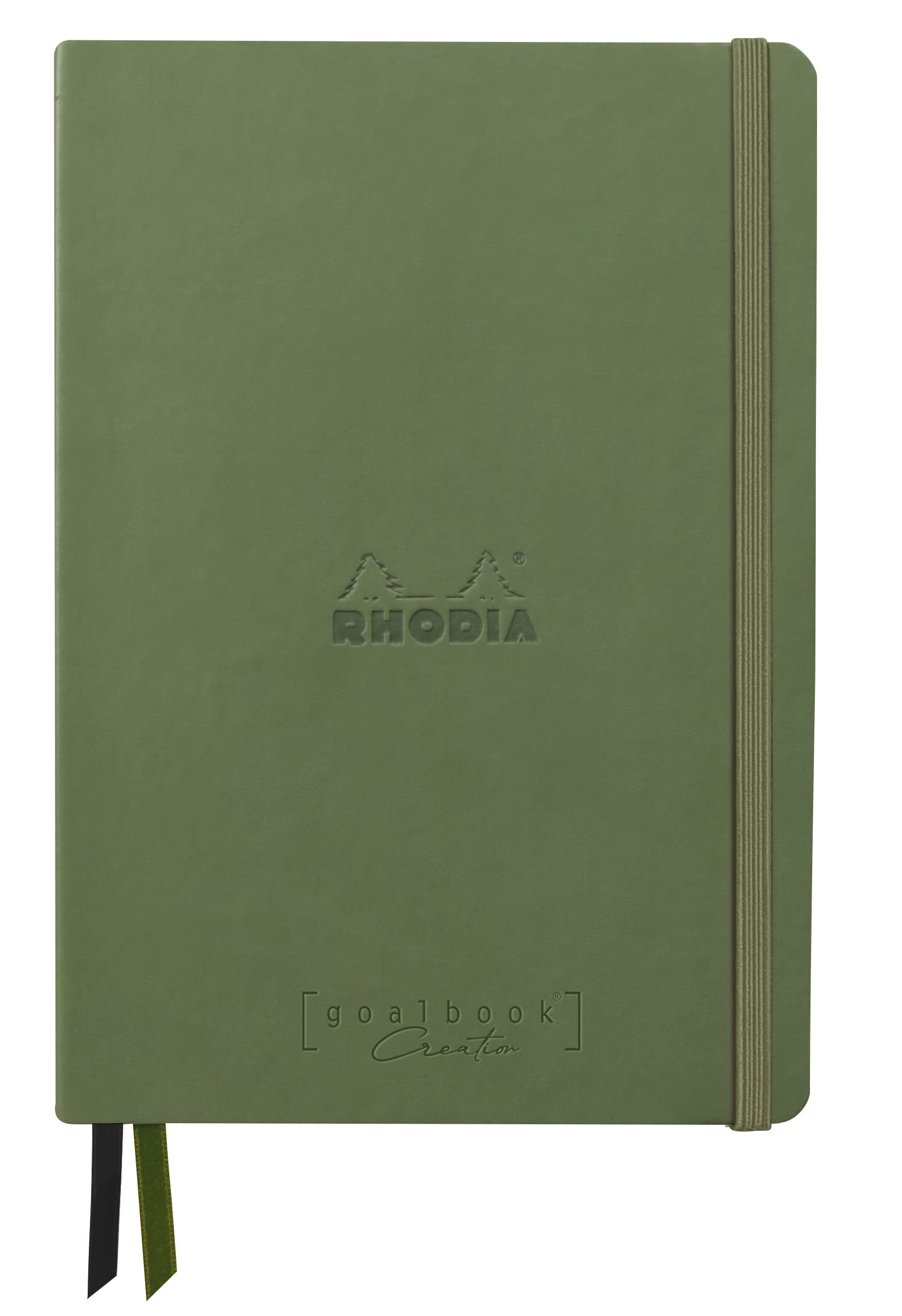 RHODIA 194445C - Bullet Journal Goalbook Creation Sauge - A5 - 14.8x21cm - Dotted- 160 pages Maya Black 120 g/m² paper - 2 ribbons - Imitation leather cover
