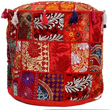 Premium Handcrafted Ottoman Red Cushion Cover - Handmade Unique Embroidered Round Pouf Cover, Majestic Oriental Patchwork, Magnificent &amp; Trendy, Uplifting Home Decoration Accessory