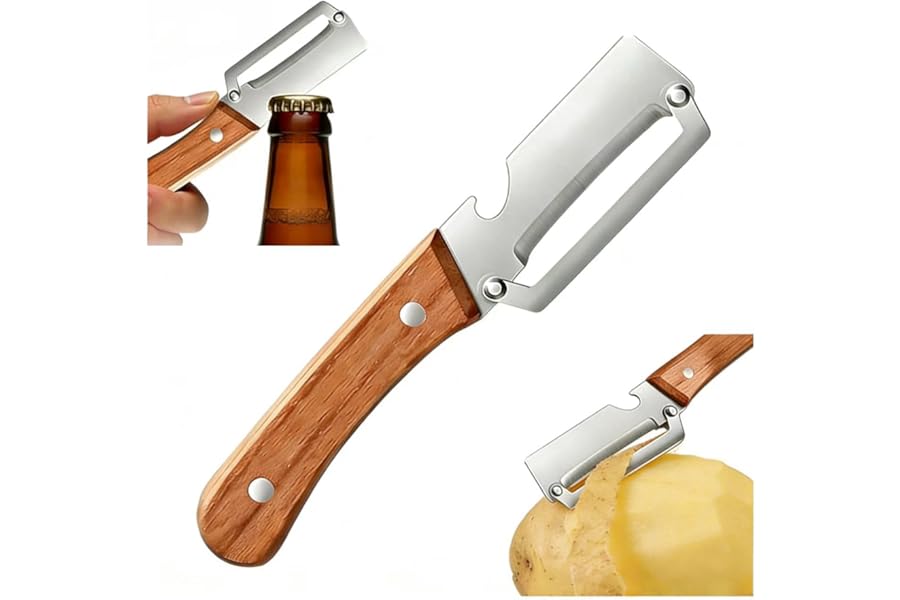 Premium Vegetable Peeler with Wooden Handle and Bottle Opener: 2-in-1 Stainless Steel Kitchen Tool for Fruit Apple Potato Pumpkin Papaya (1 PCS)