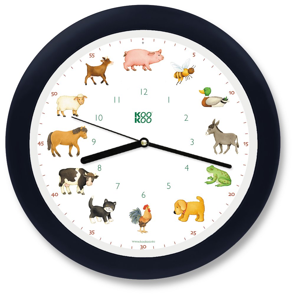 KOOKOO KidsWorld Black-Blue, genuine wall clock with natural sounds, 12 farm animals