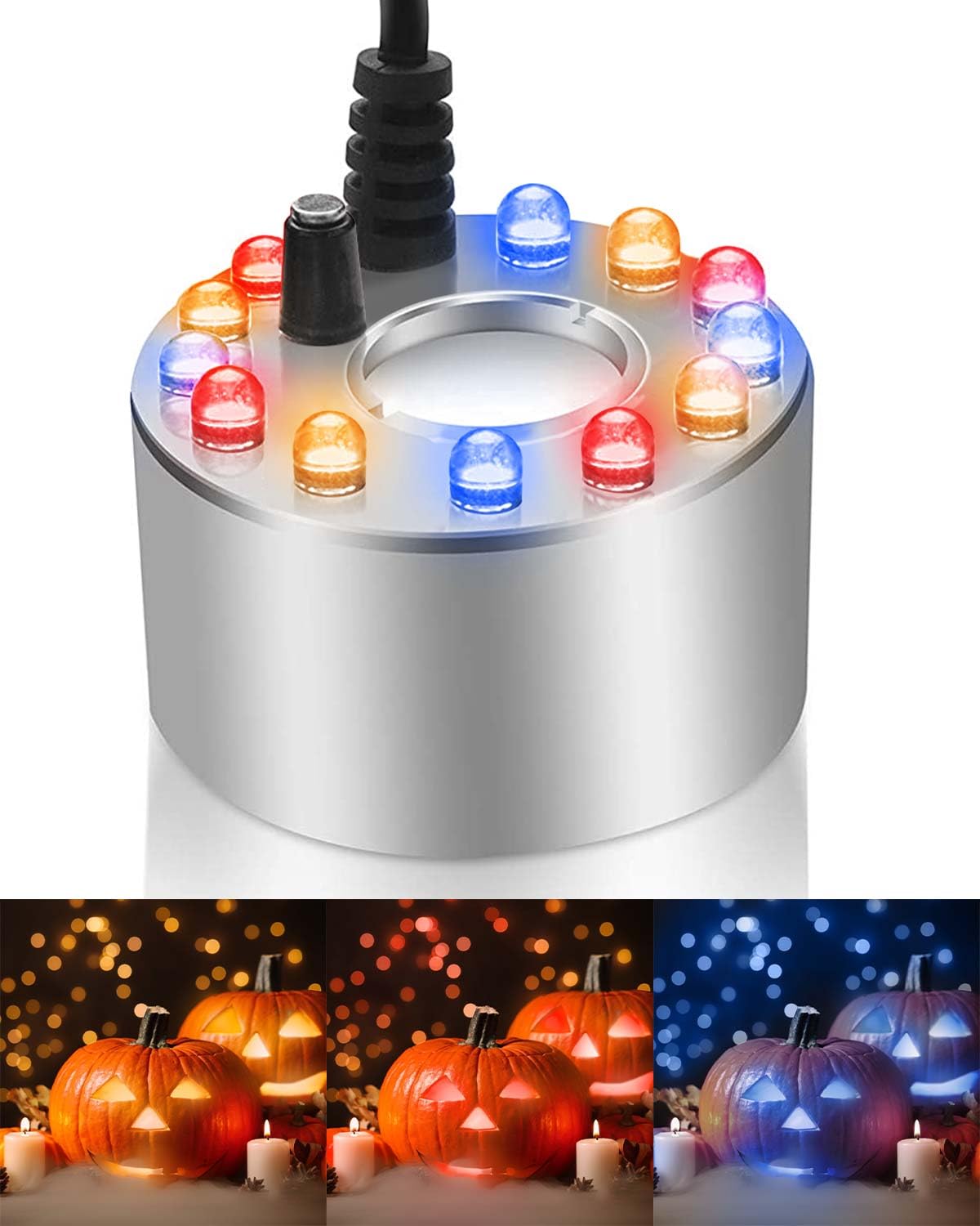 MOXTOYU Mist Maker, 12 LED Lights Ultrasonic Aluminum Mist Machine Humidifier, Multi-Purpose Plug-In Mist Water Fountain with Splash Guard, Mini Fog Atomizer for Halloween, Party, Pond, Fish Tank