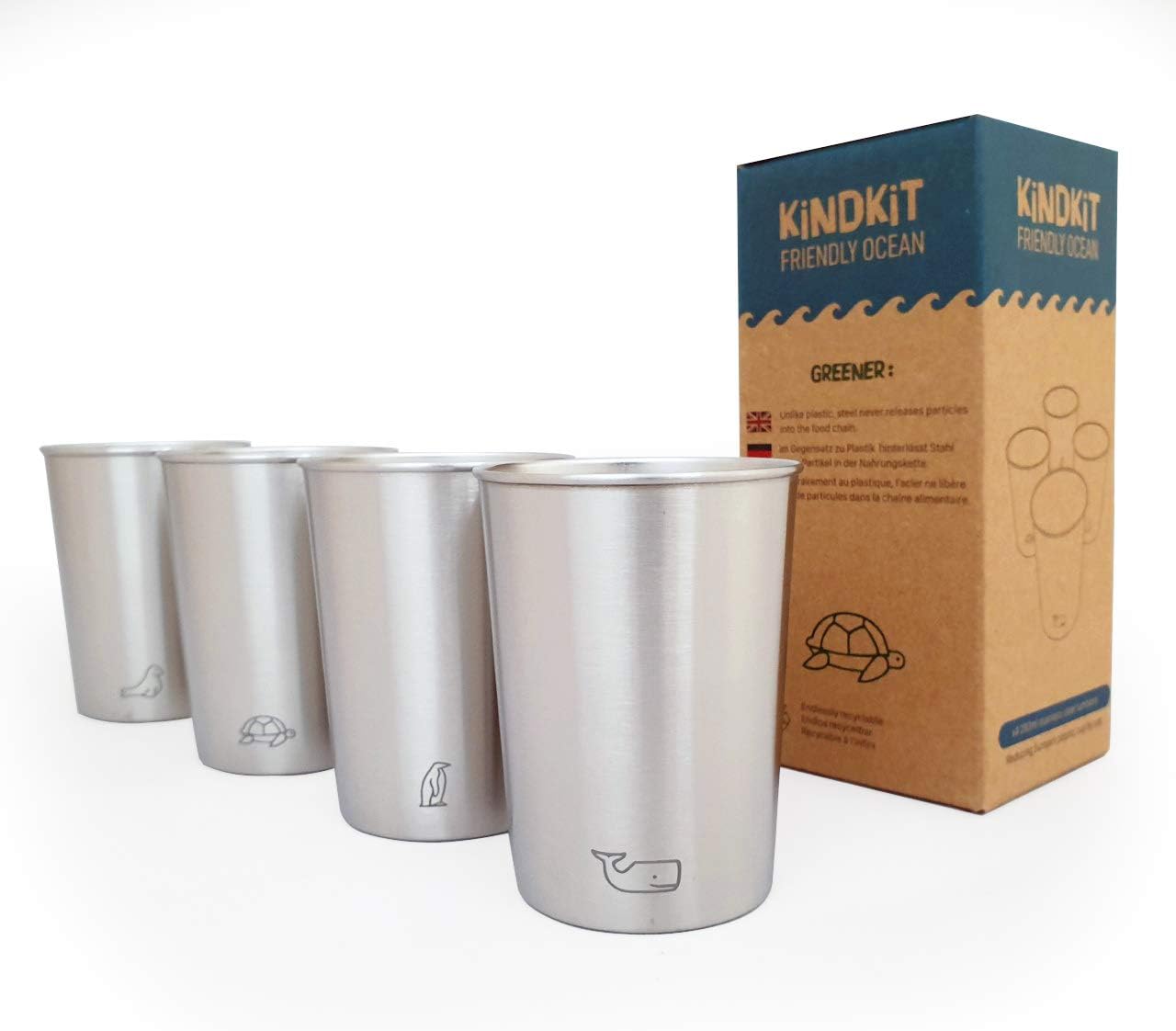 ‘Ozeantiere' Edelstahl Becher Set (280ml/4 Pro Pack) | BPA frei, stapelbare Trinkbecher für Kinder und Kleinkinder | Edelstahltassen für Daheim, Campen, Picknick, Reisen und Strand