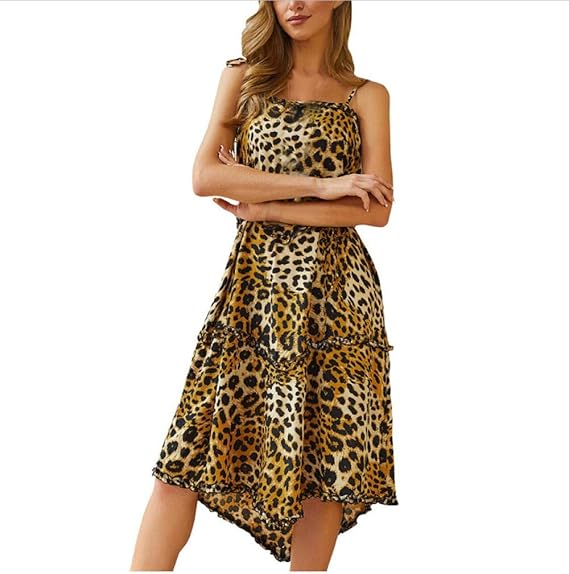 Women Long Sleeve Loose Plain Maxi Dresses Casual Long Dresses yellow leopard vintage print