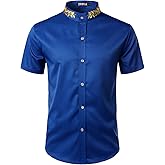 ZEROYAA Mens Hipster Gold Embroidery Mandarin Collar Slim Fit Short Sleeve Casual Dress Shirts