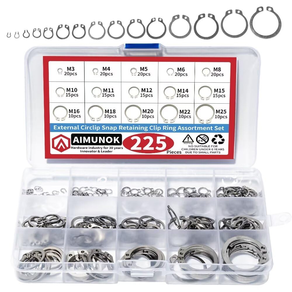 Photo 1 of AIMUNOK 225Pcs External Retaining Rings Snap Rings Assortment Kit, 304 Stainless Steel External C-Clip Set, 15 Sizes Circlip Snap Rings M3 - M25