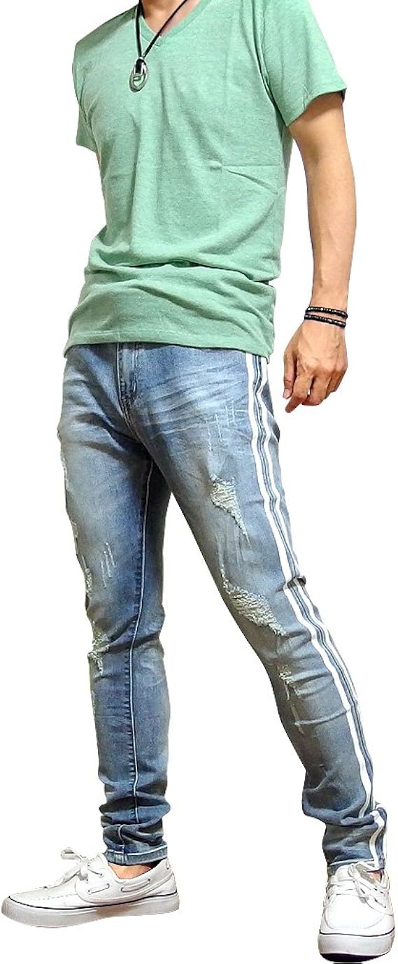 Amazon スキニーデニム パンツ ジーンズ ジーパン 細身 ライン入り ストレッチ ダメージ セレブ系 メンズ ブルーデニム ｌ 34インチ ロングパンツ 通販