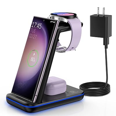 Wireless Charging Station for Samsung/Android, Fast Wireless Watch Charger Station Compatible for Samsung Galaxy S25 Ultra/S24/S23+/Z Flip 7/6 Fold 7/6, Watch8/7/Pro/Active 2 Galaxy Buds3/2 Pro(Black)