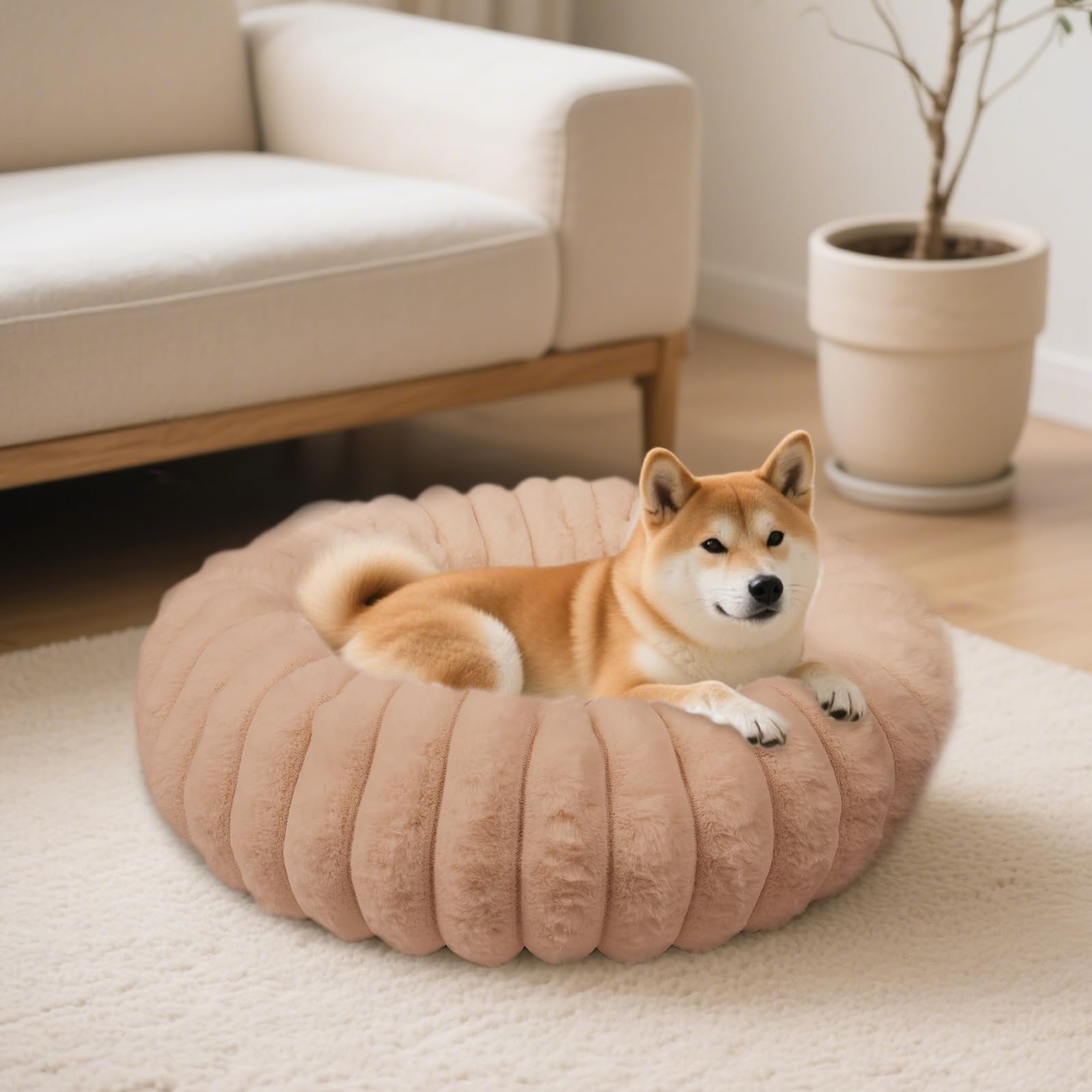 Photo 1 of ***(STOCK PHOTO FOR REFERENCE ONLY)***Vhen When Donut Dog and Cat Bed, Luxurious Comfortable Faux Rabbit Fur Pet Beds, Round Anti-Anxiety Calming Puppy Kitten Bed with Anti-Slip Bottom for Small Medium Dogs & Cats(23", Brown)