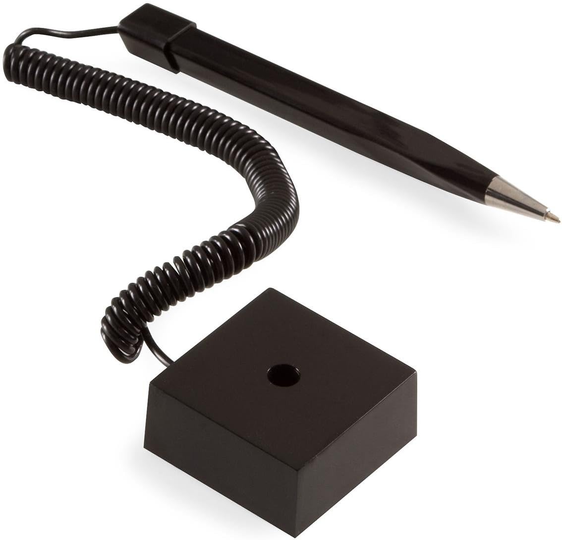 Set of 50, Counter Pens with Base for Reception Area, Telephone-Style Plastic Coil, Wedge-Shaped - Black