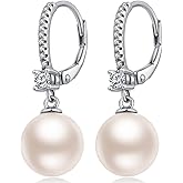 Jiahanzb Pearl Dangle Drop Earrings for Women 925 Sterling Silver Pearl Leverback Earrings Cubic Zirconia Pearl Dangling Earrings 10MM