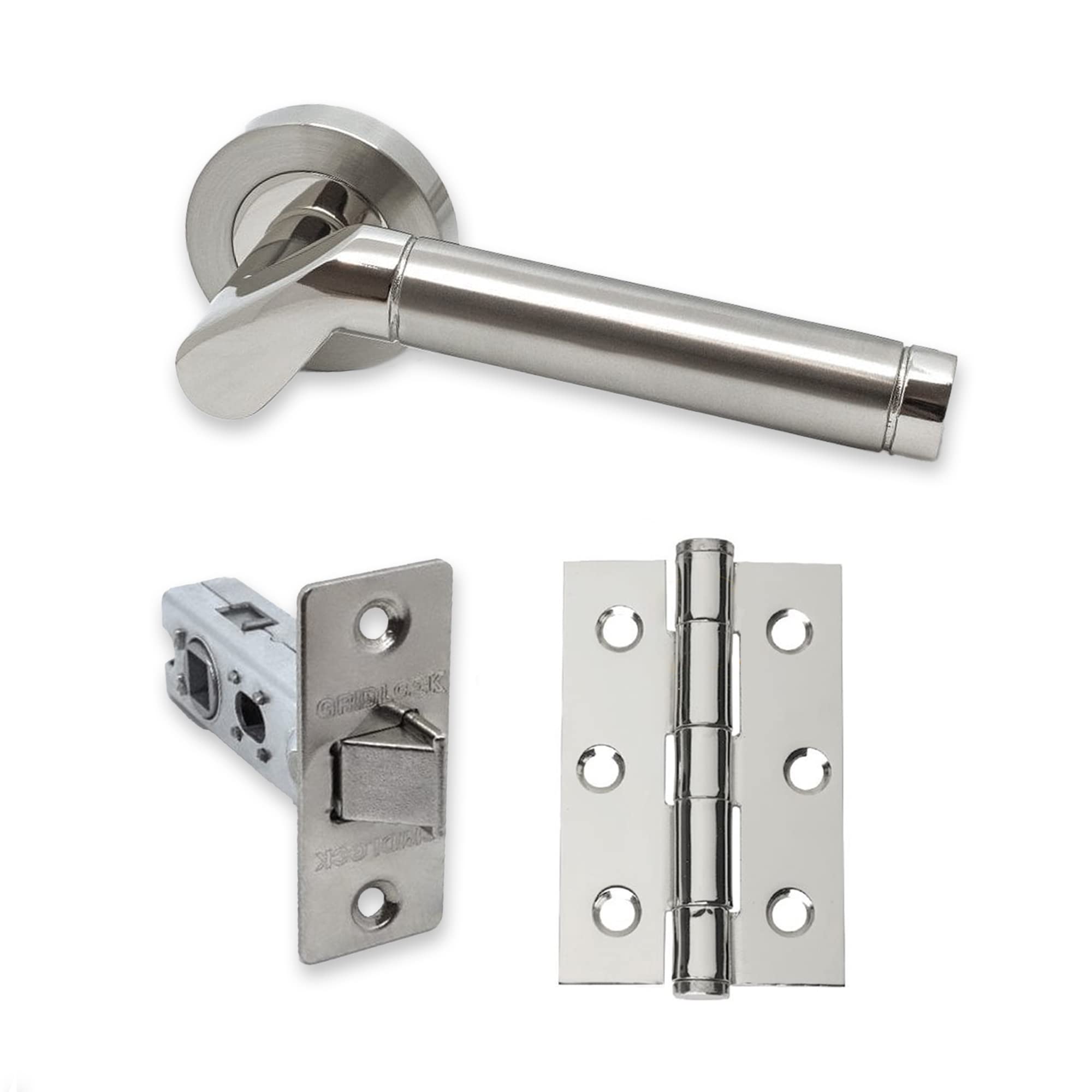 UAP Intelligent Hardware - Ventura Door Handle Pack with Hinges and Latch in Polished Chrome/Satin Nickel