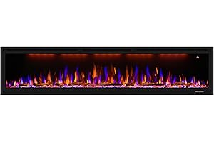 Dreamflame Electric Fireplace 74 inch, Recessed Wall Mounted Fireplace Heater, Logs & Crystal, Multicolor Flame Combinations, Overheating Protection, Black (74")