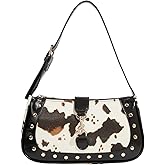 RoseSeek Women’s Cow Print Studded Underarm Bags Zipper Buckle Shoulder Handbags Retro Cowgirls Purse