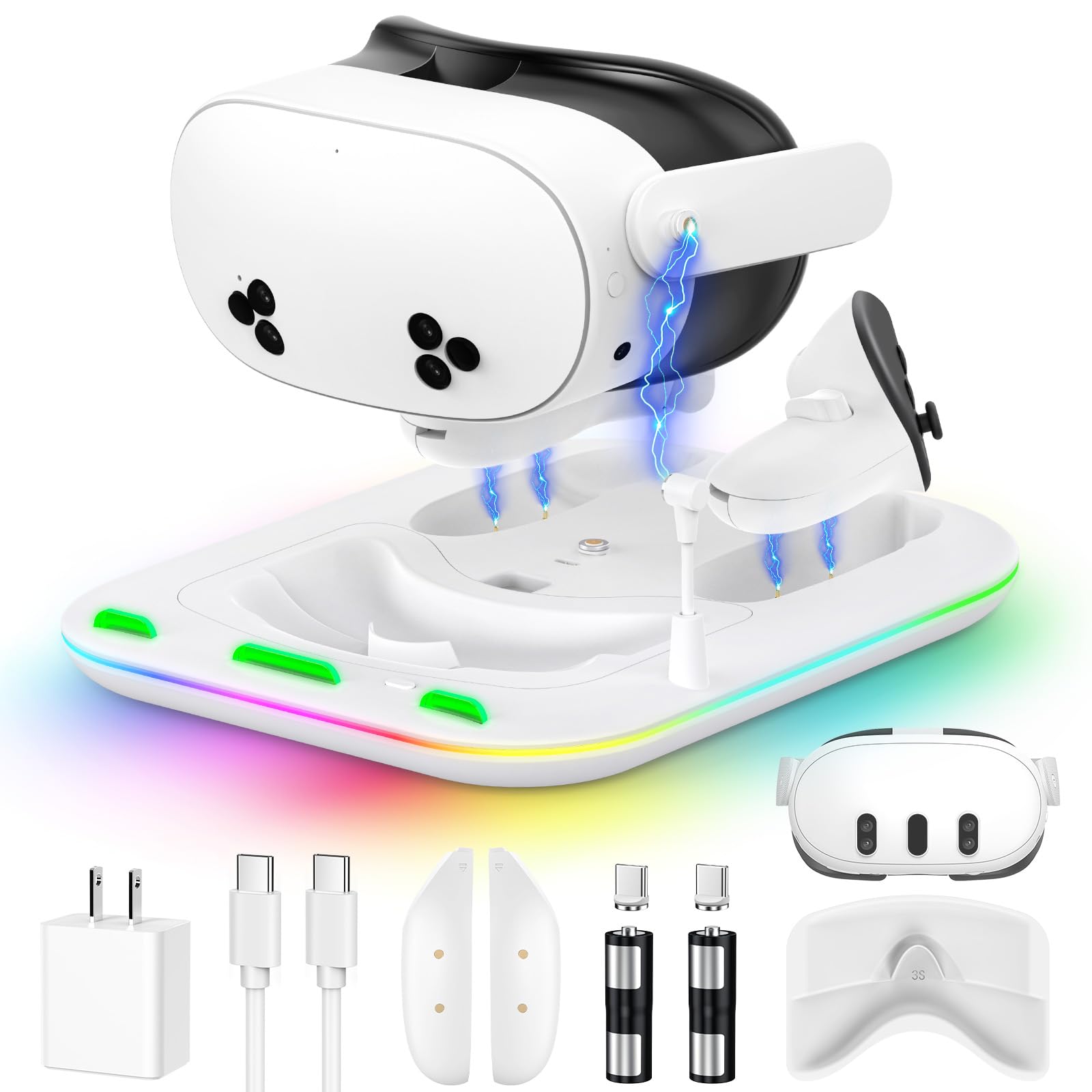 Photo 1 of 20W Fast Magnetic Charging Dock for Meta Quest 3/3S & Oculus Quest 3S/3, YUANHOT RGB Station with 2 Rechargeable Batteries & Headset Controller Stand