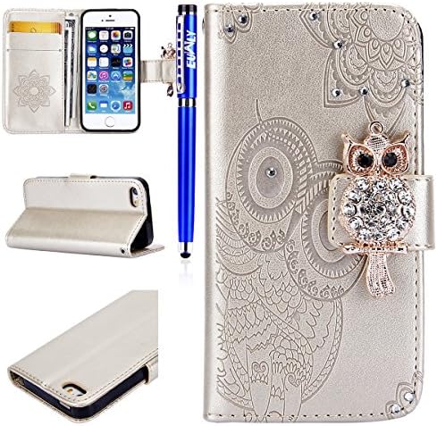 EUWLY iPhone 5S/SE Case iPhone 5S/SE Leather Wallet Case With Hand Wrist Strap Flower and Owl Embossed PU Leather Case with Bling Glitter Diamond Design Ultra Slim Anti-Shock Anti-Scratch Flip Folio Book Case with [Kickstand] [Card Slots] [Magnetic Closure] for Apple iPhone 5S/SE + 1 x Stylus Pen - Gold