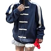 UOOZEE Women's Chinese Style Toggle Jacket Long Sleeve Stand Collar Zip Up Coat Color Block Striped Oversized Outerwear