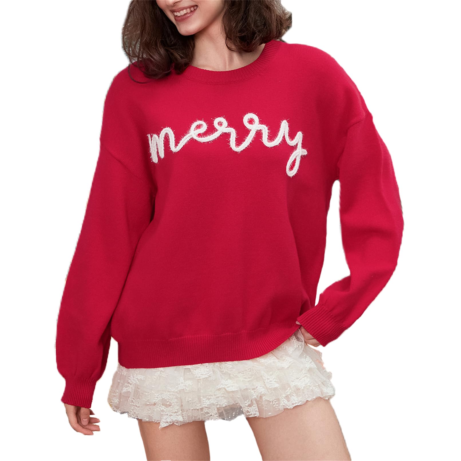 Photo 1 of ***DAMAGED - SEE NOTES/PICTURES***Women Cute Christmas Sweater Merry Letter Print Long Sleeve Crew Neck Knit Pullover Tops Casual Xmas Holiday Jumper