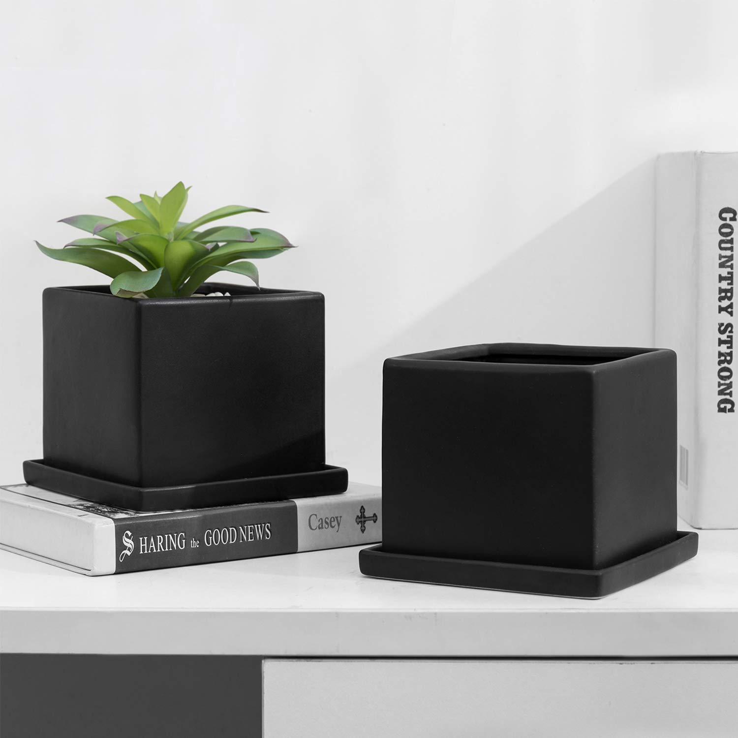 Photo 1 of MyGift Modern Black Ceramic Small Plant Pot, Decorative Square Flower Succulent Planter, Set of 2