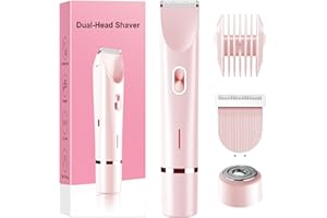 JIANEIL Bikini Trimmer for Women Electric Razors for Women, Double Head Dual Purpose, IPX7 Waterproof Hair Razor, Ceramic Blade Hair Trimmer Wet & Dry Use, Painless Electric Shaver for Facial and Body (Pink)