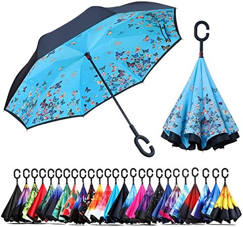 Owen Kyne Windproof Double Layer Folding Inverted Umbrella, Self Stand Upside-down Rain Protection Car Reverse Umbrellas with C-shaped Handle (Blue Butterfly)