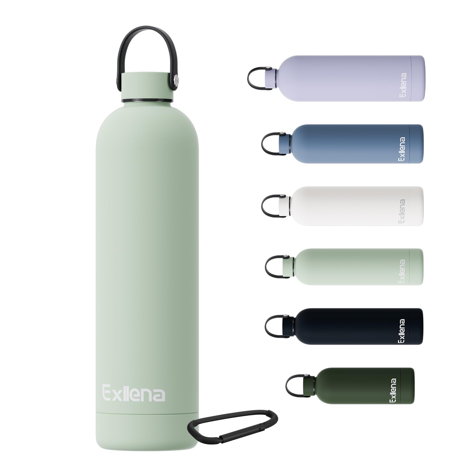 Exllena 1L Stainless Steel Double Wall Vacuum Insulated Water Bottle Keeps Drinks Cold 24 Hrs/Hot 12 Hrs, BPA & BPS Free, 100% Leakproof, Carabiner Clip, Lichen Green